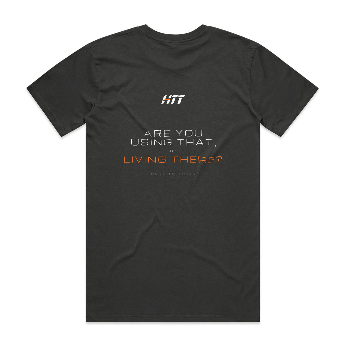 Back of a coal HTT standard fit tee printed ARE YOU USING THAT, OR LIVING THERE?