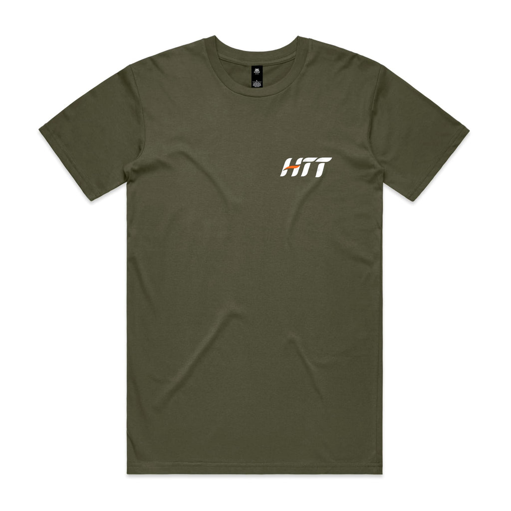 Front of an army HTT tee with a small HTT logo on the left chest