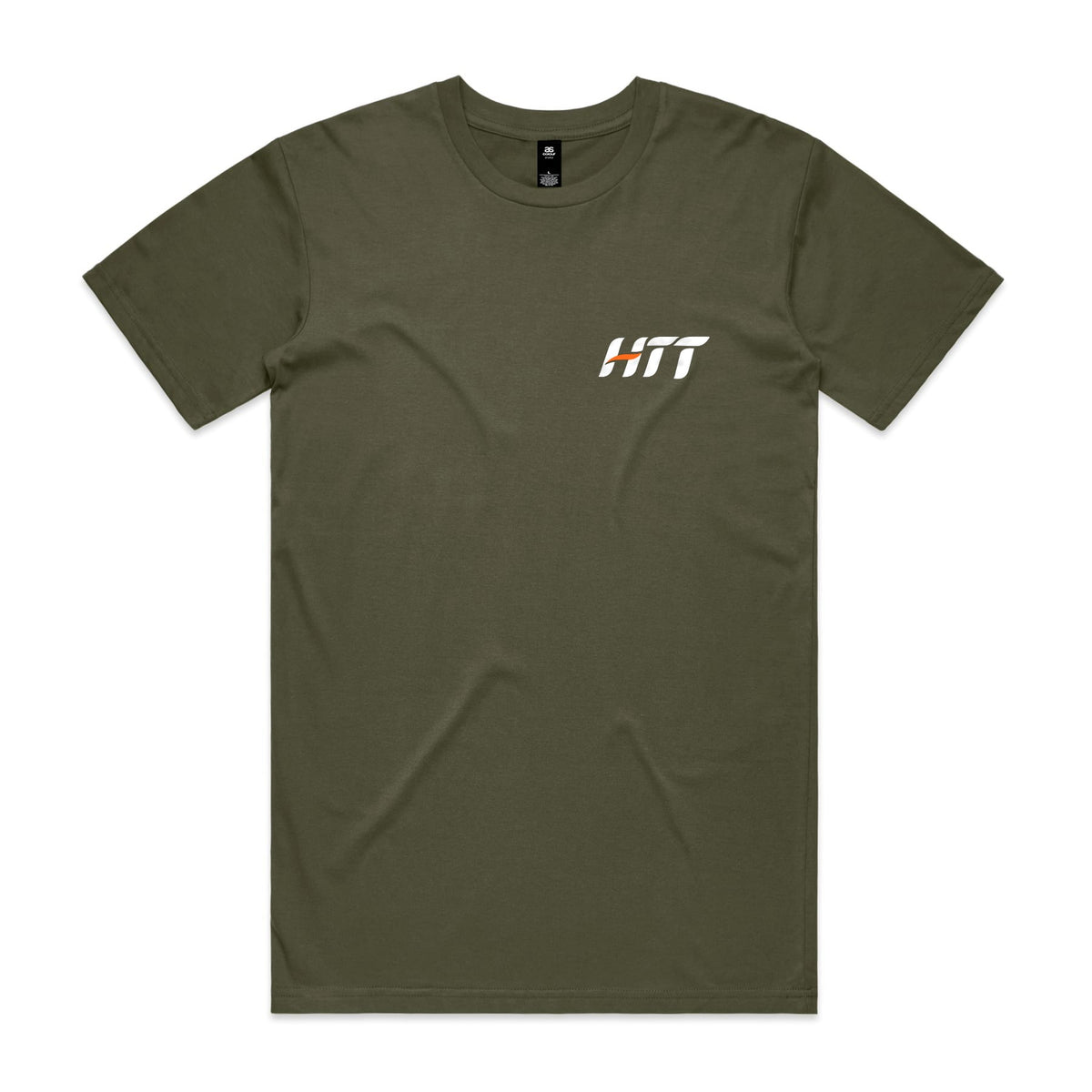 Front of an army HTT tee with a small HTT logo on the left chest