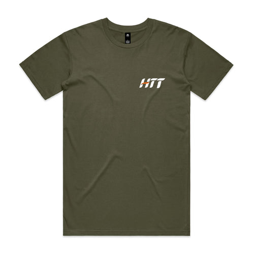 Front of an army HTT tee with a small HTT logo on the left chest