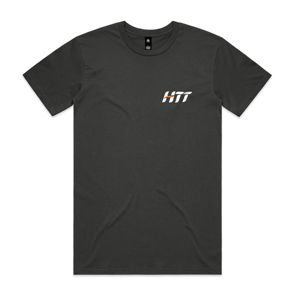 Front of a coal HTT tee with a small HTT logo on the left chest
