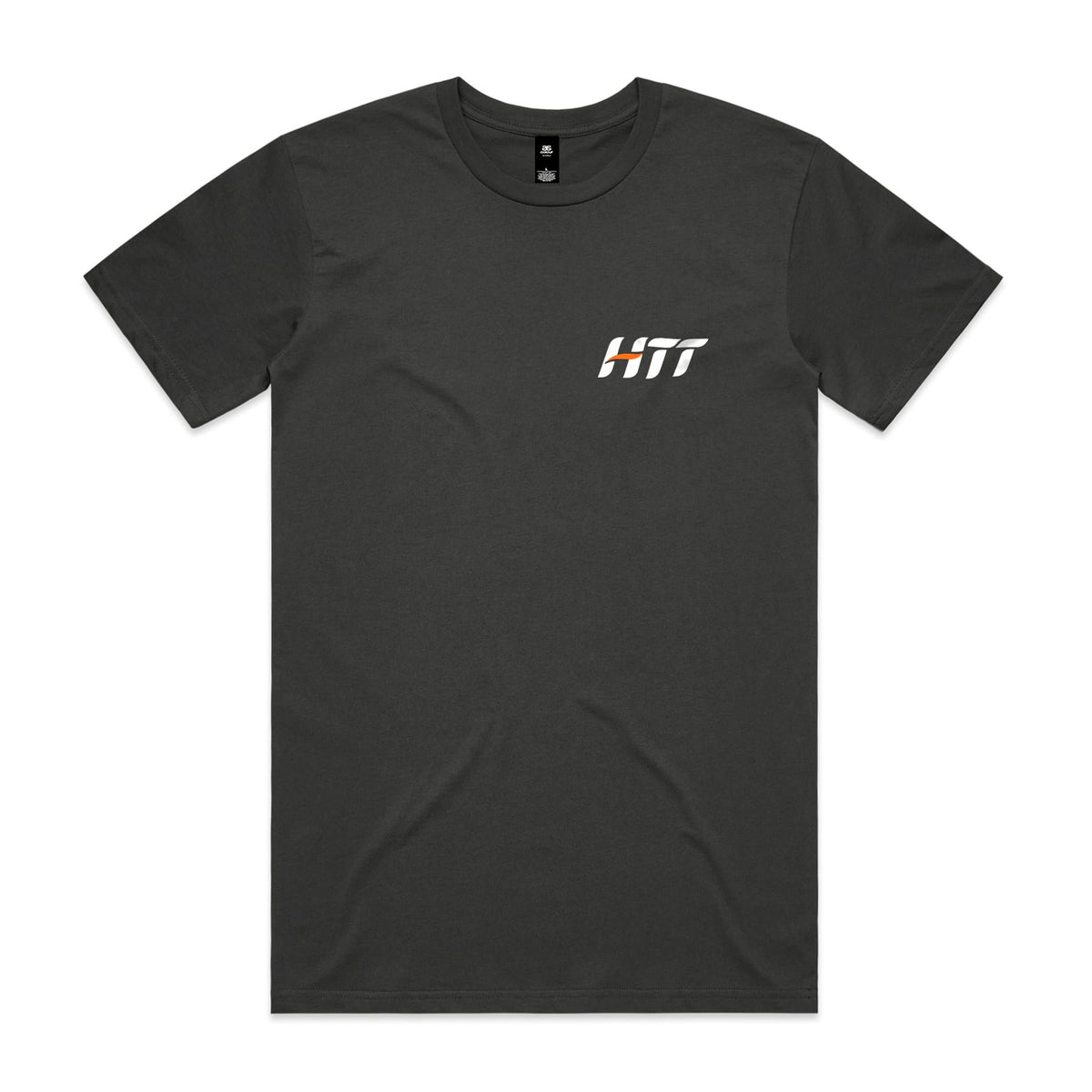 Front of a coal HTT tee with a small HTT logo on the left chest