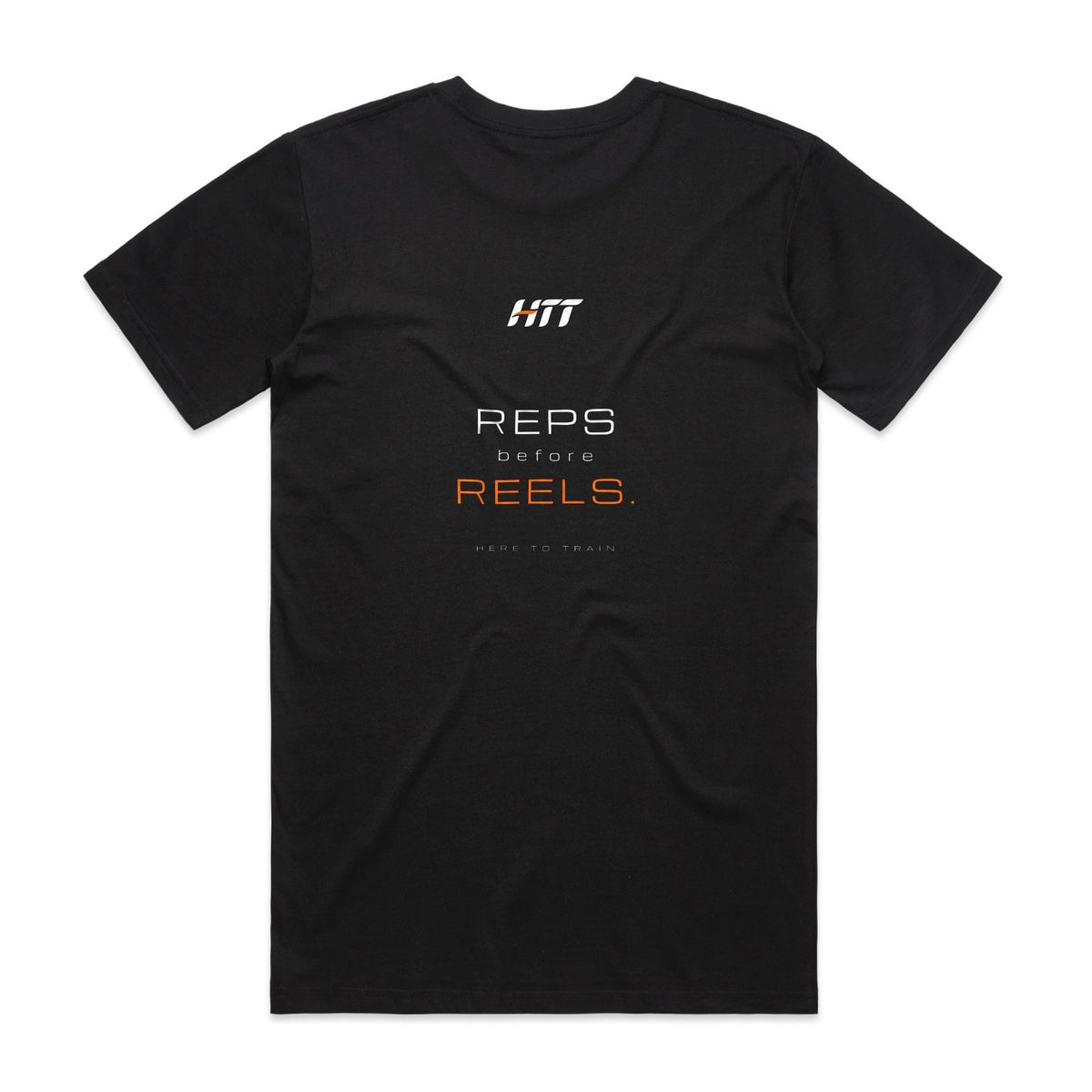 Back of a black HTT standard fit tee printed REPS BEFORE REELS.
