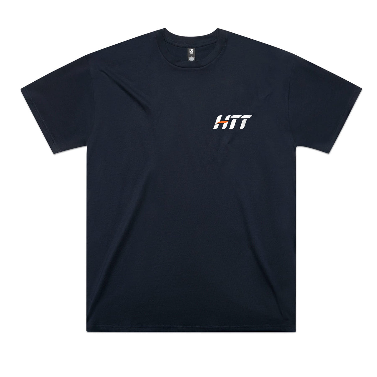 Front of a navy HTT tee with a small HTT logo on the left chest