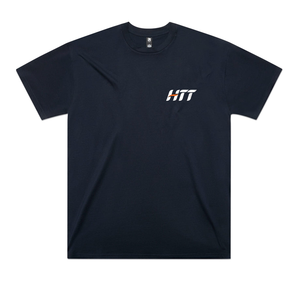 Front of a navy HTT tee with a small HTT logo on the left chest