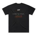 Back of a black HTT oversized tee printed HERE TO TRAIN. NOT CREATE CONTENT.