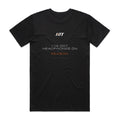 Back of a black HTT standard fit tee printed I'VE GOT HEADPHONES ON FOR A REASON.