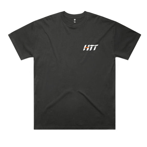 Front of a coal HTT tee with a small HTT logo on the left chest