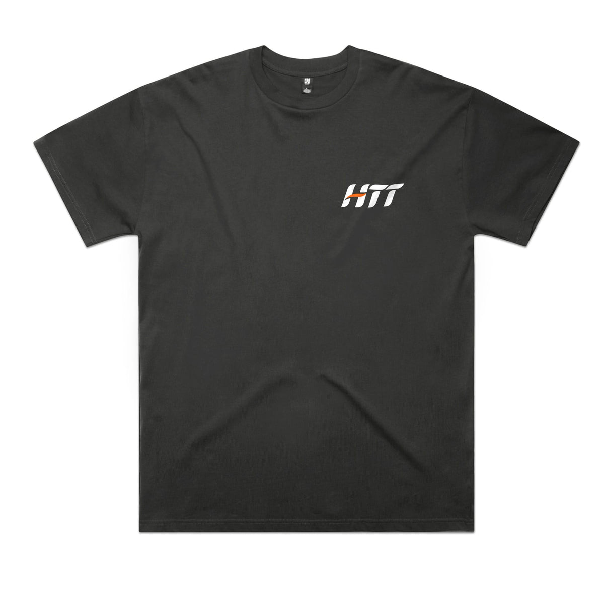 Front of a coal HTT tee with a small HTT logo on the left chest