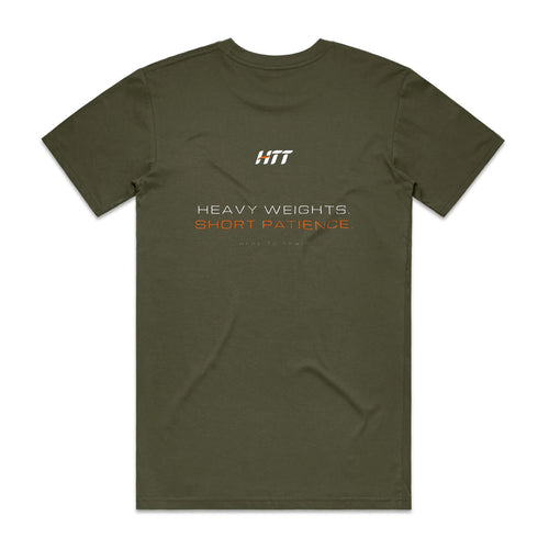Back of an army HTT standard fit tee printed HEAVY WEIGHTS. SHORT PATIENCE.