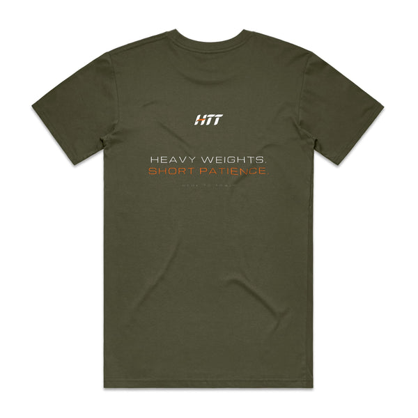 Back of an army HTT standard fit tee printed HEAVY WEIGHTS. SHORT PATIENCE.
