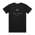 Back of a black HTT standard fit tee printed YOUR THUMBS HAVE HAD ENOUGH REPS.