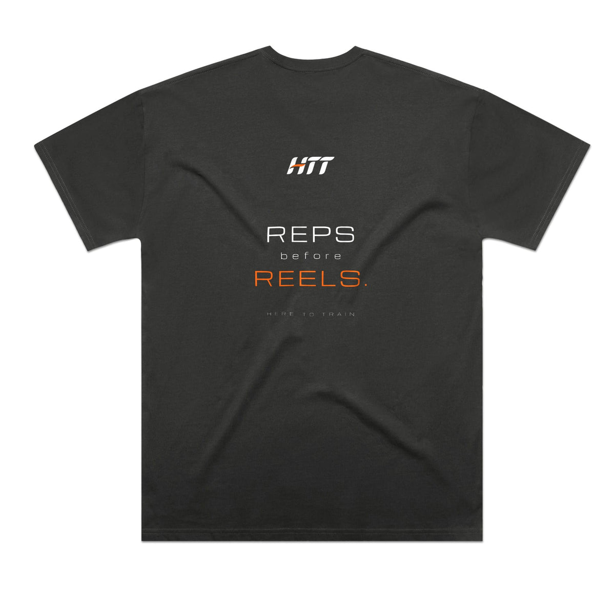 Back of a coal HTT oversized tee printed REPS BEFORE REELS.