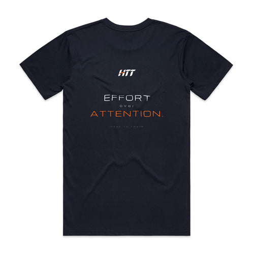 Back of a navy HTT standard fit tee printed EFFORT OVER ATTENTION.