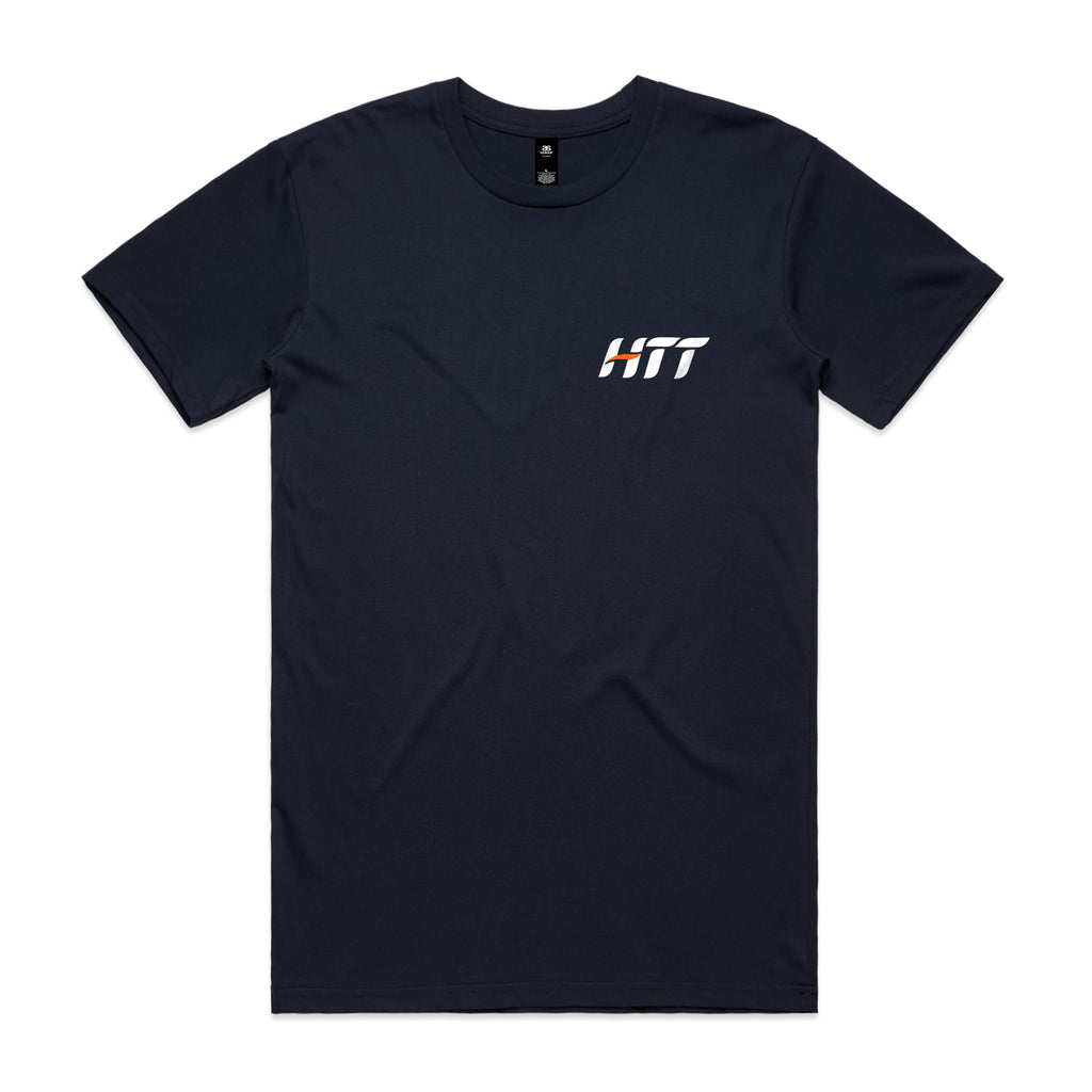 Front of a navy HTT tee with a small HTT logo on the left chest