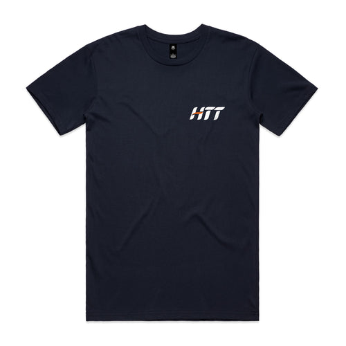 Front of a navy HTT tee with a small HTT logo on the left chest