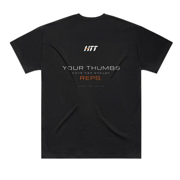 Back of a black HTT oversized tee printed YOUR THUMBS HAVE HAD ENOUGH REPS.
