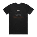 Back of a black HTT standard fit tee printed A DRINK BOTTLE IS NOT A RESERVATION.
