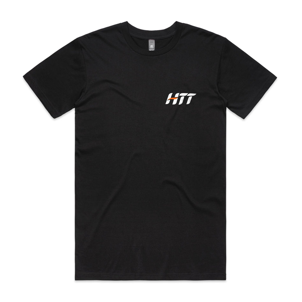 Front of a black HTT tee with a small HTT logo on the left chest