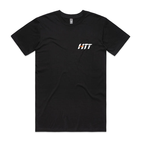 Front of a black HTT tee with a small HTT logo on the left chest