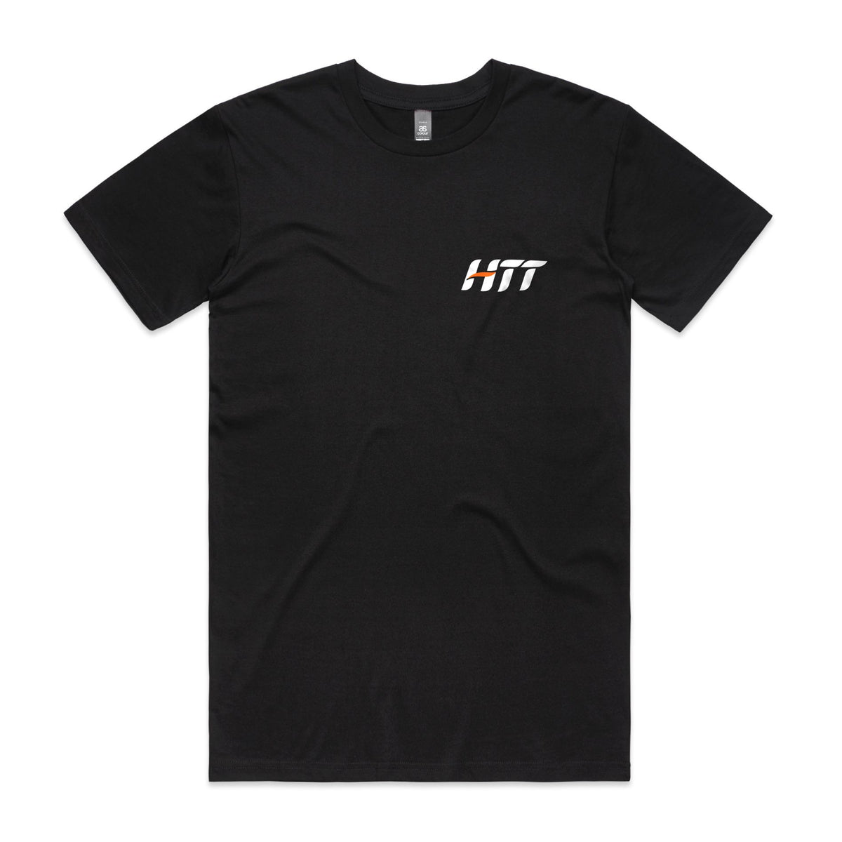Front of a black HTT tee with a small HTT logo on the left chest