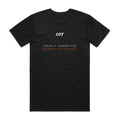 Back of a black HTT standard fit tee printed HEAVY WEIGHTS. SHORT PATIENCE.