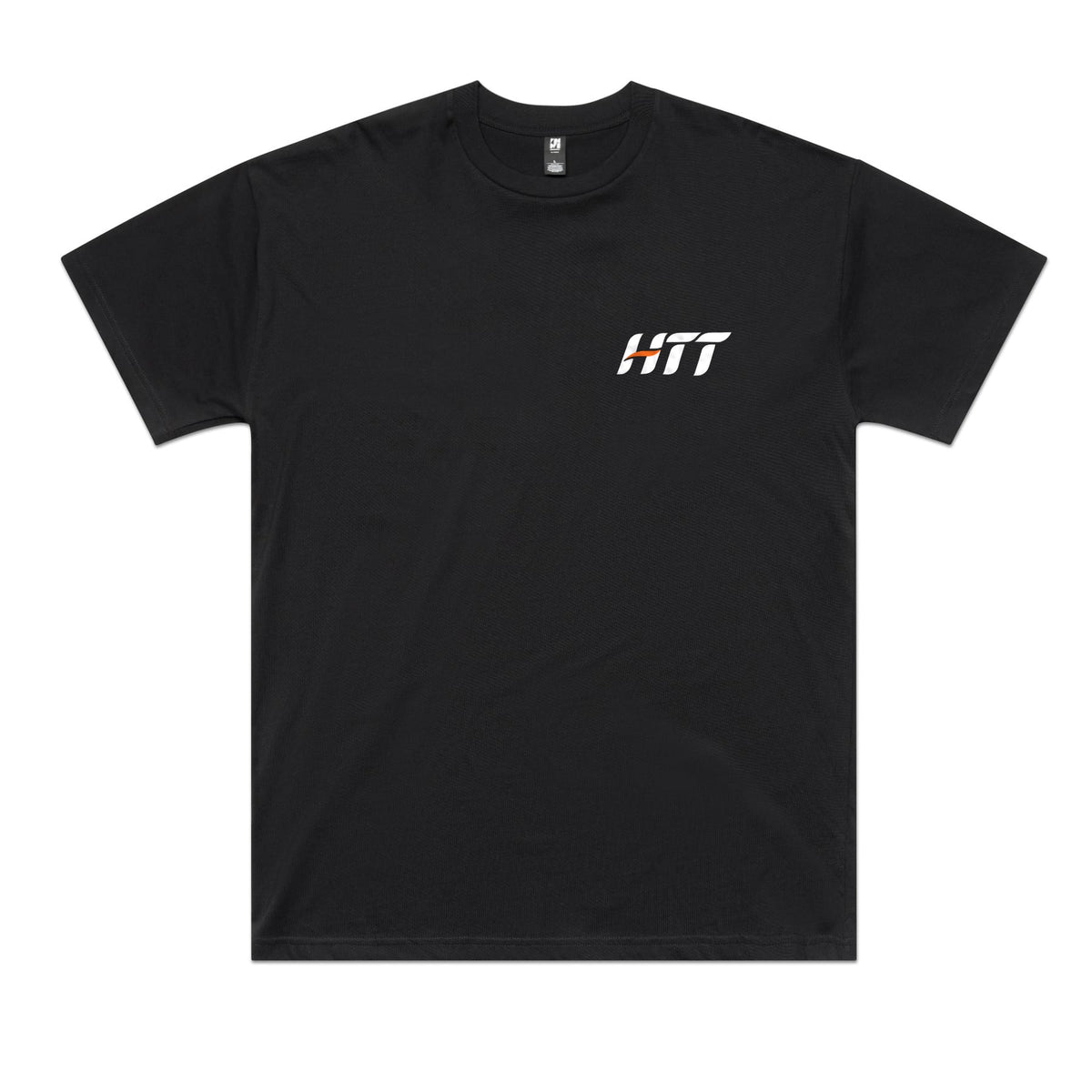 Front of a black HTT tee with a small HTT logo on the left chest