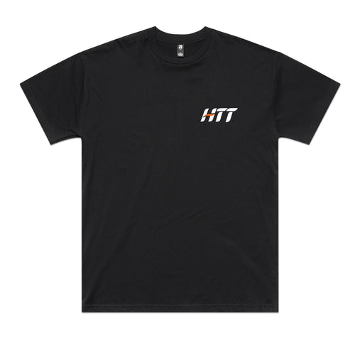 Front of a black HTT tee with a small HTT logo on the left chest