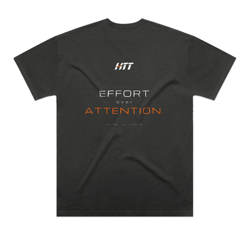 Back of a coal HTT oversized tee printed EFFORT OVER ATTENTION.