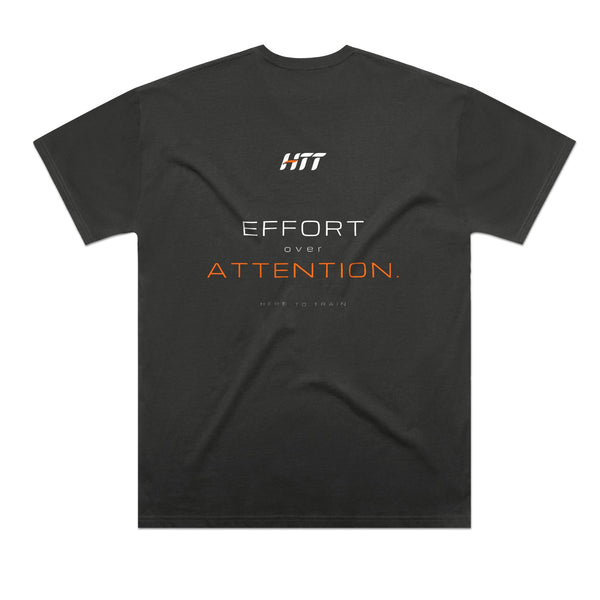 Back of a coal HTT oversized tee printed EFFORT OVER ATTENTION.