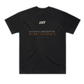 Back of a black HTT oversized tee printed HEAVY WEIGHTS. SHORT PATIENCE.
