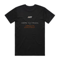 Back of a black HTT standard fit tee printed HERE TO TRAIN. NOT CREATE CONTENT.