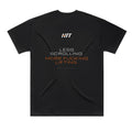 Back of a black HTT oversized tee printed LESS SCROLLING. MORE F***ING LIFTING.