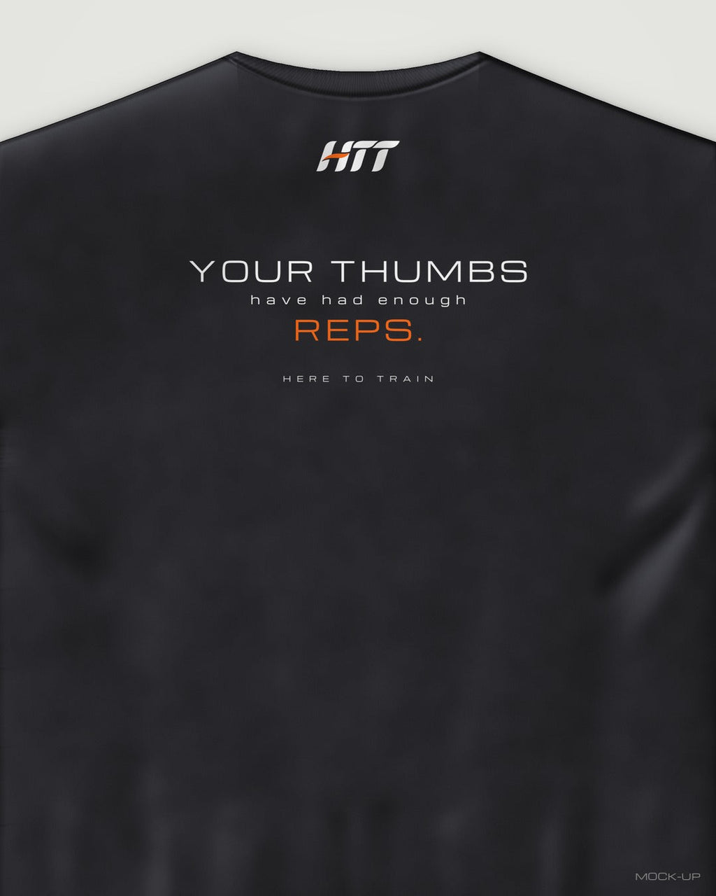 Back of a black HTT oversized tee printed YOUR THUMBS HAVE HAD ENOUGH REPS. (portrait crop)