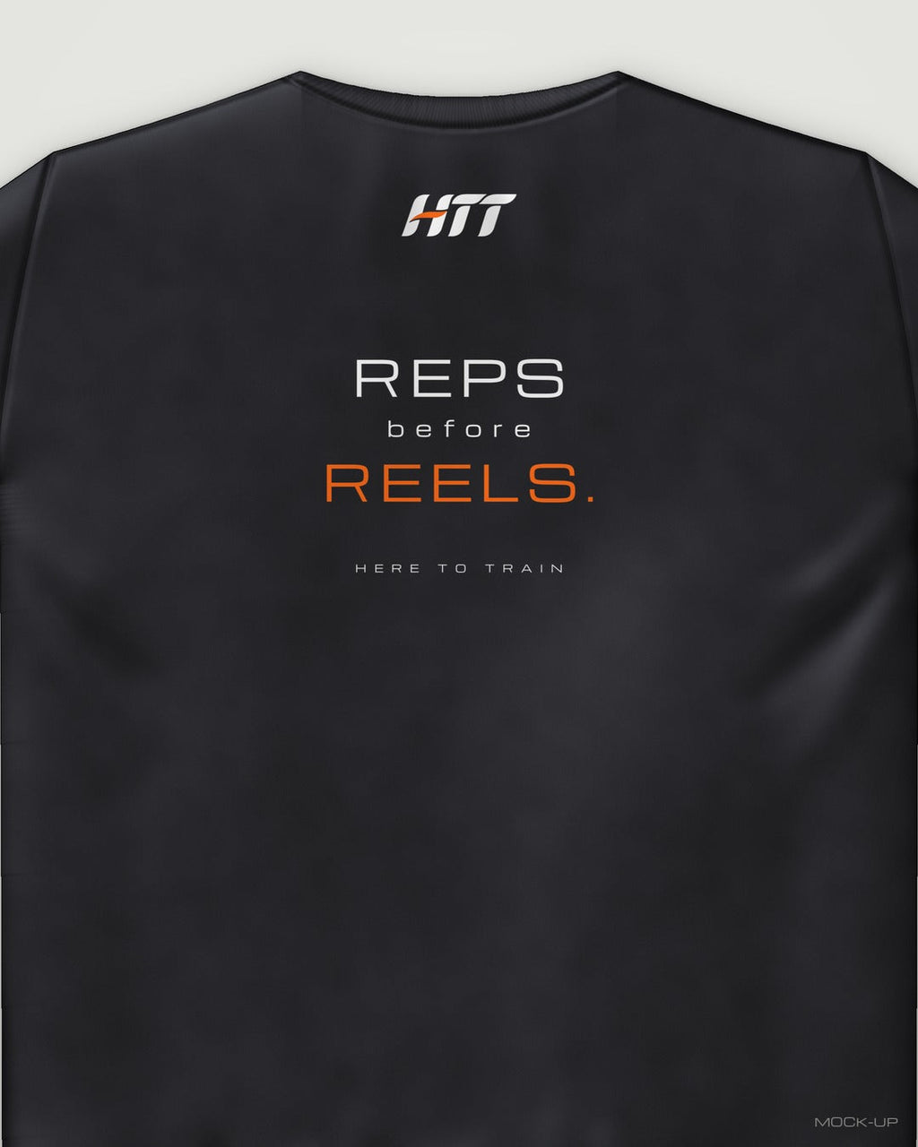 Back of a black HTT standard fit tee printed REPS BEFORE REELS. (portrait crop)