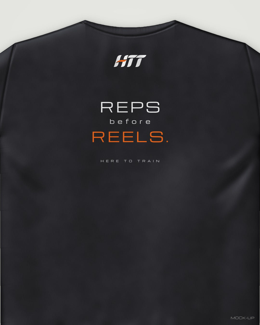 Back of a black HTT standard fit tee printed REPS BEFORE REELS. (portrait crop)