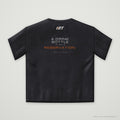 Back of a black HTT oversized tee printed A DRINK BOTTLE IS NOT A RESERVATION.