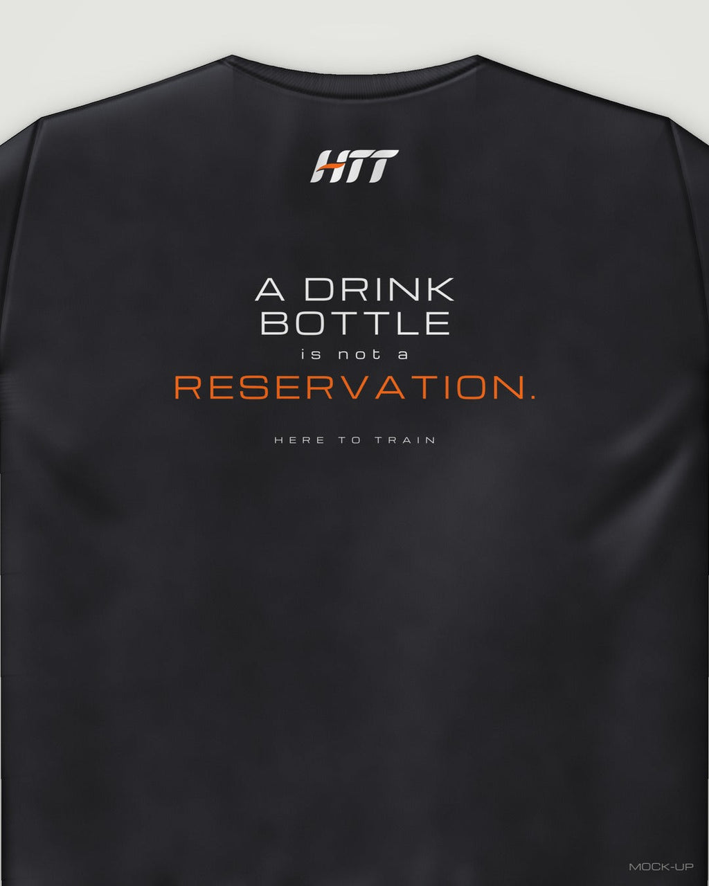 Back of a black HTT standard fit tee printed A DRINK BOTTLE IS NOT A RESERVATION. (portrait crop)